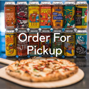 Photo of tasty pizza and crooked crab beer cans - click to order for pickup